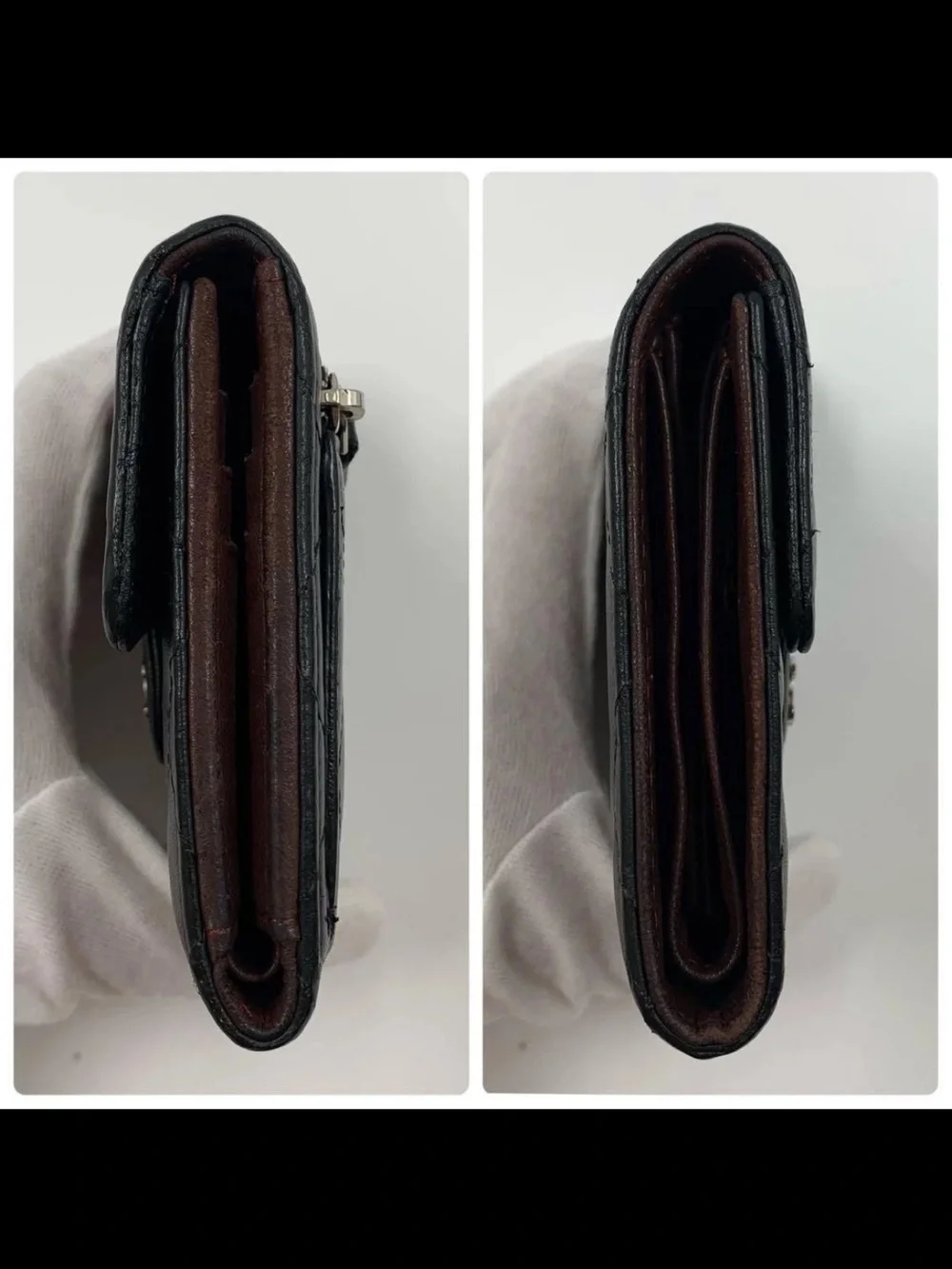 CHANEL Black Quilted Leather Compact Wallet with Silver CC Logo